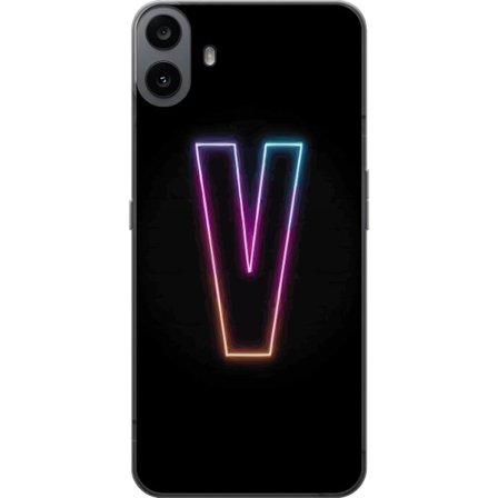 Yhteensopiva Puhelinkuori Nothing Nothing CMF Phone 1 Neonkirjain V värikoodattu valossa mustaa taustaa vasten, minimalistinen muotoilu selkeällä h