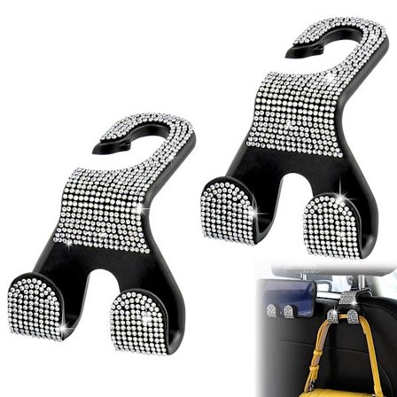 Glitrende bilpung krog sæt (to stykker), holdbare bil nakkestøttekroge, 20 kg kapacitet, dobbelte kroge, rhinestone bilpung holder, hvid.