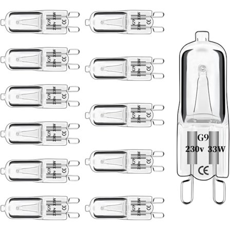 12 kpl G9 halogeenilamppuja, 2700k (lämmin valkoinen), 2-nastainen kanta, 230V 33W 460LM, himmennettävä (0-100%), välkkymätön