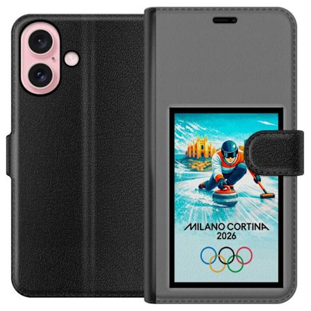 Kompatibelt Lommeboketui til Apple iPhone 16 Ishockeyillustrasjon med spillere i bevegelse på isen, Milano Cortina 2026, Milan-landemerker og olympisk