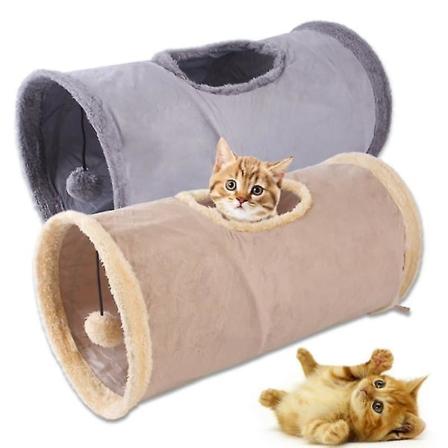 2-paks slitesterk semsket sammenleggbar kattetunnel med Crinkle Hideaway og ballleketøy i kaki og grått
