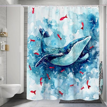 120x180cm Sininen valas suihkuverho lapsille Ocean World Cute Red