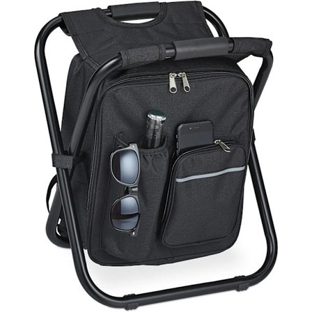 Svart, Campingstol med lomme, sammenleggbar, transporterbar, lett