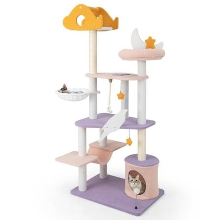 COSTWAY Cat Tree 167 CM, Multi-Level Cat Tower, Spring Ball, Plys Aborre, Hængekøje, Sisal Rope