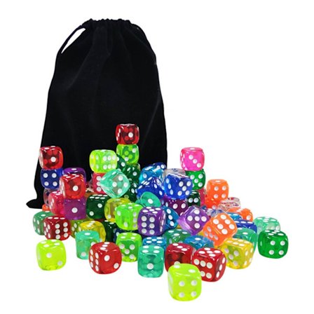 100 stk. seks sidede terninger prik terninger 14 mm farvede spil terninger med snørepose