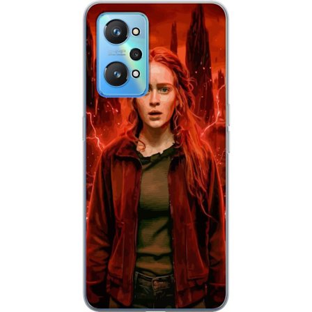 Kompatibelt Mobilskal till Realme GT Neo2 Porträtt av en ung kvinna med rött hår i en apokalyptisk landskap, röda blixtar och mörka klippformatio