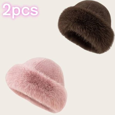 Sett med 2 koselige faux mink-hatter i koreansk stil, ensfarget plysjbøtte-lue for varme [DB]