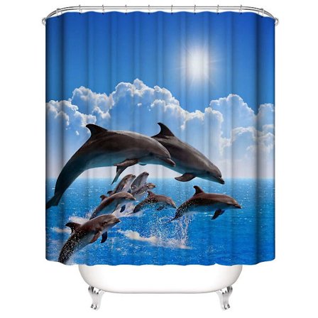 Delfin Duschdraperi 180*200cm, Djur Duschdraperi Vattentät Polyester Duschdraperi Med 12 Krokar För Juldekoration, Badrumsdraperi