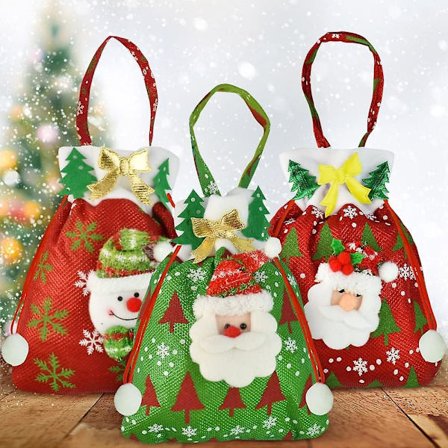 Pakke med 3 Juleposer, Julenisseposer med Snøring, Gavepose, Juleposer med Håndtak, Ikke-vevd Stoff, Julepose for Fylling til Barn