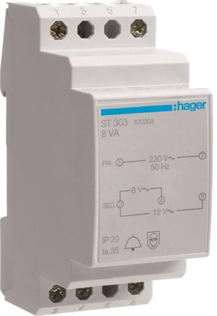 Hager ST303 Ringleddtransformator 8/12 V, 8 W, Elfordeling & strømforsyning