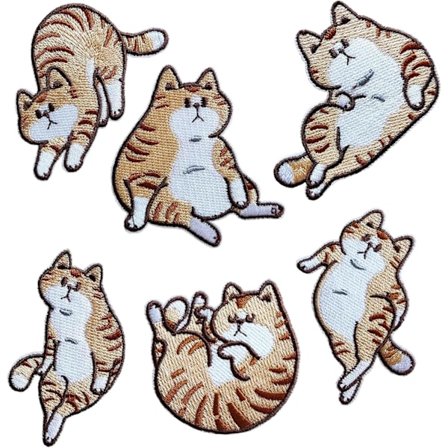 Morsomme stryke-på broderte katte-merker, 6 stk. Morsom lat feit katt stryke på/sy på merke applikasjon reparasjonsmerke DIY håndverkstilbehør for 