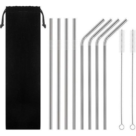 4 raka sugrör, 4 böjda sugrör, 2 rengöringsborstar, 1 svart sammetsförvaringspåse - Set med 8 återanvändbara metallstrån - Sugrör i rostfritt stål