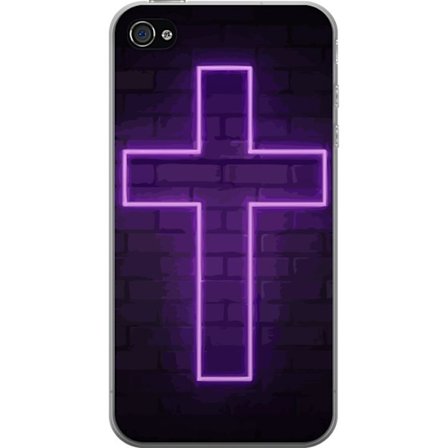 Yhteensopiva Puhelinkuori Apple Apple iPhone 4 Neonristi purppuranvalossa tummaa tiiliseinää vasten, symbolinen motiivi vahvalla hohto moderni estee