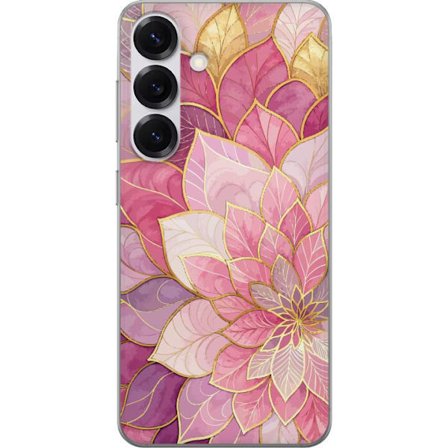 Kompatibelt Mobildeksel til Samsung Galaxy S25 Rosa og lilla blomstermønster med gyldne detaljer - Elegante mandala-inspirerte motiv