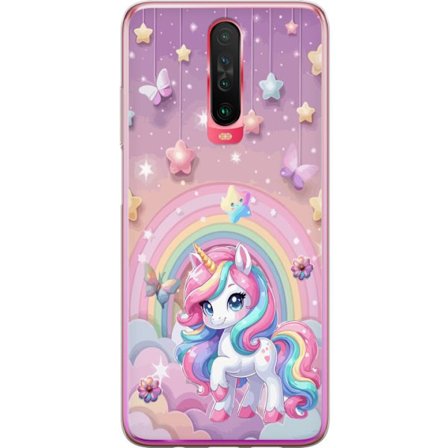 Kompatibelt Mobildeksel til Xiaomi Redmi K30 Magisk enhjørning med regnbue manke, stjerner og sommerfugler mot en pastellhimmel med skyer