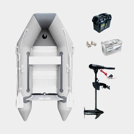 Sähkömoottorilla varustettu kumivene RUBB 270 Pro Flex, alumiinipohja, harmaa + Neraus X 55, 624 W, 71 cm säädettävä rikin pituus + AGM-akku (80 Ah) +