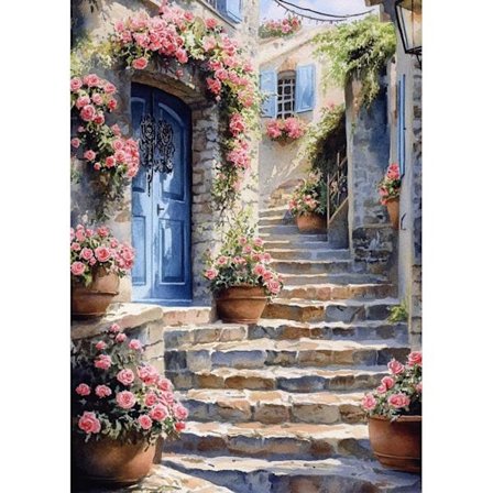 Street Diamond Art Kits til voksne, 5D Full Drill Round House Maleri Ædelstene med Blomster Diamant Maleri, House Diamant Dots Perfekt til 