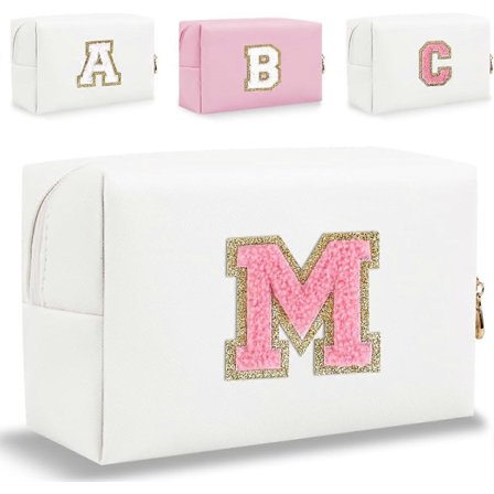 Personlig Makeup Taske med Initialer i Chenille - Vandtæt PU Læder, Kosmetikpung til Rejser med Lynlås til Kvinder og Piger, Bogstav M