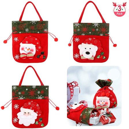 Julesekk med julenissen, 3 stk. julegaveposer med snor, julegavegodteposer til julebordgaveposer