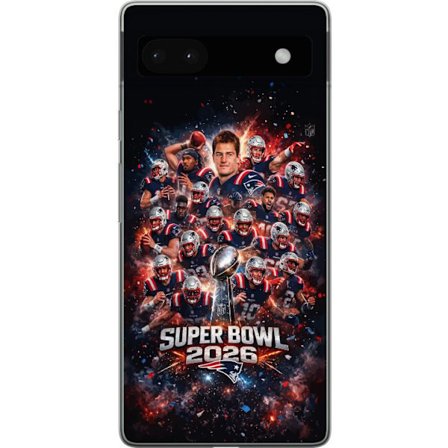 Yhteensopiva Puhelinkuori Google Pixel 6a Super Bowl 2026 juliste, jossa New England Patriots ja NFL-mestaruuspalkinto räjähtävän urheilullisessa suun