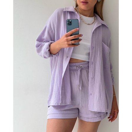 【JIA】Skrynklig krage för kvinnor, långärmad skjorta, shorts med dragsko med hög midja, moderiktigt avslappnat set i två delar lila M lila