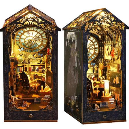 DIY Bogreol Kit – Miniature Trædukkehus med Møbler og LED-lys, 3D-puslespil, Kunstbogstøtter