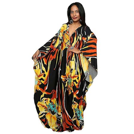 Kvinners trykte maxi-kjole flaggermus ermet strandkjole plus size sommerkjole strandklær kaftan cover-ups Dn0514