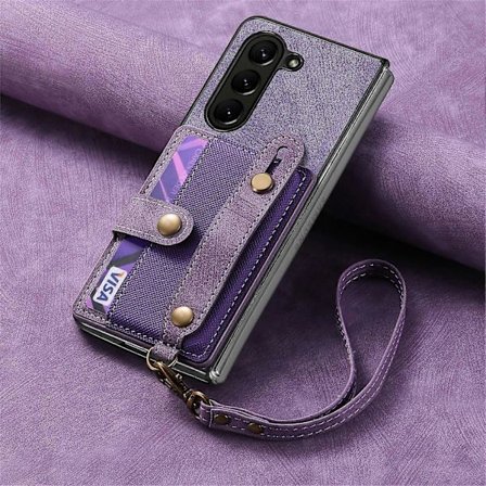 Lompakkokotelo Samsung Galaxy Z Fold 6:lle, Vintage-tyylinen ensiluokkainen nahkainen suojakuori, kaikenkattava puhelinkotelo rannehihnalla ja 