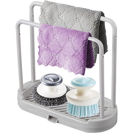 Kitchen Sponge Holder Dish Cloth Hanger, Sink Caddy Organizer for Sponges, Dishcloth, Rag, Brush (Grey)