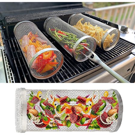 Rullende grillkurv til udendørs grill, grill i rustfrit ståltrådsnet cylinder, BBQ udendørs grill net BBQ mesh cylinder, (7.78in(20cm))