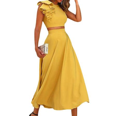 Kvinnor High Waist Outfits Ruffle Cropped Tops Midi-kjol