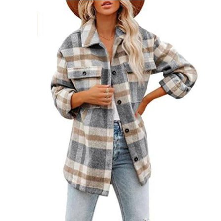 Naisten flanellinen löysä takki, naisten alaslaskettava kaulus, ruudullinen takki naisille, yksirivinen rento takki naisille
