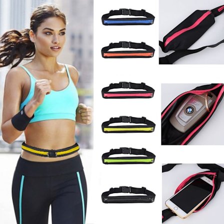 Svart sportsbelte, egnet for jogging, reiser og fitness.