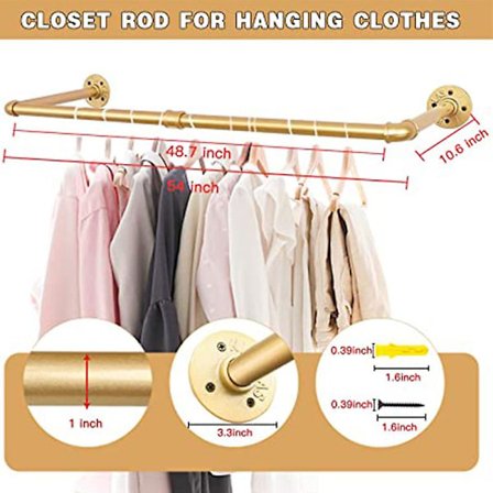 Industriel Rør-Tøjstativ, Væghængt Tøjstativ Hængende Tøjstativ Guld