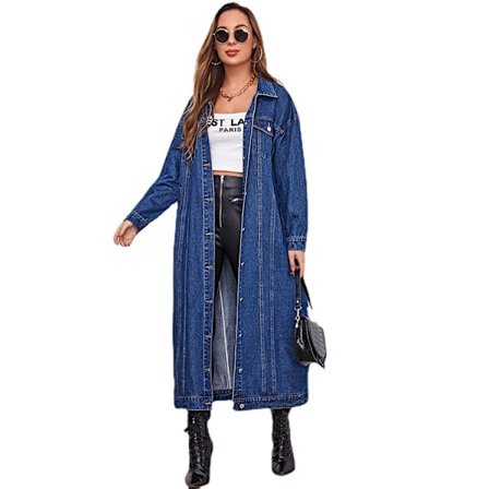 Kvinners mote vår knapp ned midi lang denim jean jakke trench coat