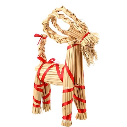 Julebukk i halm, julerensdyr i bambus, rent håndverk, egnet for gaver med rødt julebånd, stående