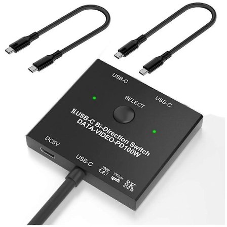 Bi-Directionell USB C-switch 100W Laddning+10Gbps Data+8K Video för 1x2/2x1 KVM-switch för 2 bärbara datorer Monitor