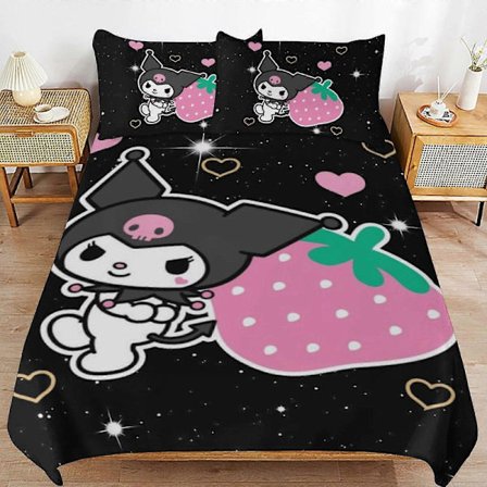 Sengesæt ZM197 Kuromi Dynebetræk Sæt, 3 Dele Sengesæt Dekorativt Dynetæppe Sæt (1 Dynebetræk + 2 Pudebetræk) TS197