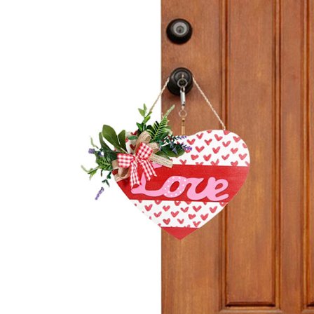 Alla hjärtans dag krans, Alla hjärtans dag hjärtdekor - Trä Alla hjärtans dag skylt med konstgjord blomma dörrhängare, rosa röda hjärtformade 