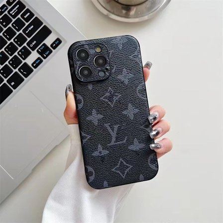 Fodral för iPhone 14Promax Svart kant svart blomma lädertextur