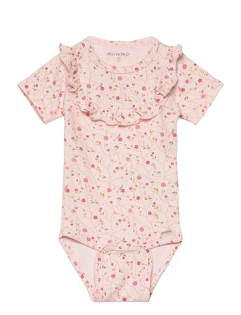 Body Ss Aop Rib Bodies Short-sleeved Pink Minymo