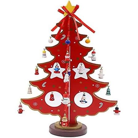 Mini trä julgran med hängare för trä julgran dekoration Skrivbordsdekoration Mini prydnader DIY 3d julgran mini prydnader Röd