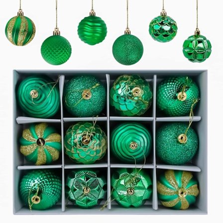 (Grønn) Julekuler, 12 stykker, Matt, Glitrende og Blanke Juletrærpynt ∅ 6CM