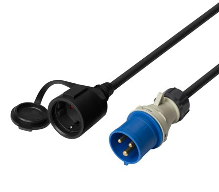 Deltaco CEE plug 1-fas 16A - Schuko 7/3 socket, 1m, black