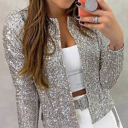 Dame Stand Collar Farvekontrast Glitter Sequin Jakke Cardigan Casual Damejakke