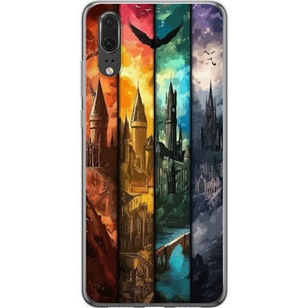 Kompatibel Mobilcover til Huawei Huawei P20 Fire magiske slotte i forskellige elementfarver, episk fantasykunst med ild vand luft og mørke i detaljer