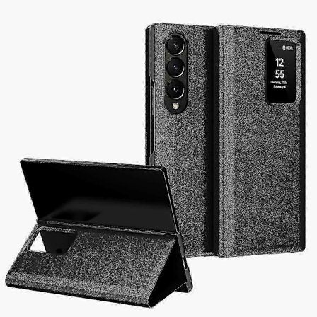 Smart View Vindue Læder Telefonetui med Kortplads TPU+PC+PU Fuld Beskyttende Flipetui med Støttefunktion Black_yux