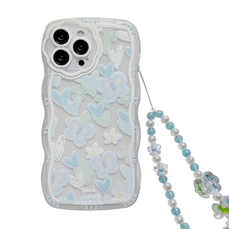For iPhone 13 Pro Max Transparent TPU Mobile Phone Case Heart Shape Butterfly Pattern Phone Cover with Pearl Chain