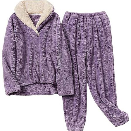 Kvinnors Fleece Pyjamas Set, Fluffy Sleepwear Varm Sherpa Pullover Byxor