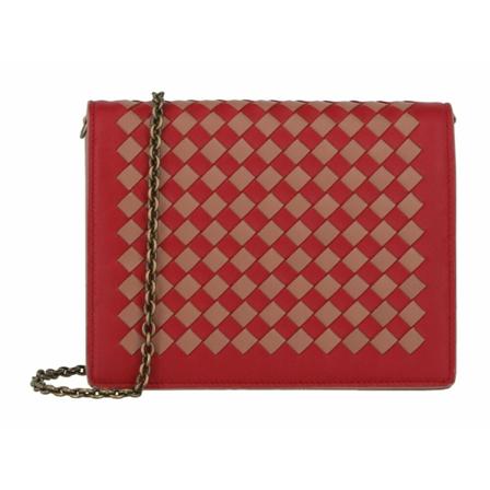 Bottega Veneta Intrecciato Leather Flap Pung on Chain Rød, Dame Skuldertasker, Størrelse: ONE Size